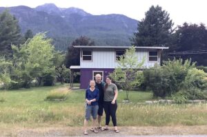 Photo of Sophia, Nathalie, and André; Pierre was visiting friends!